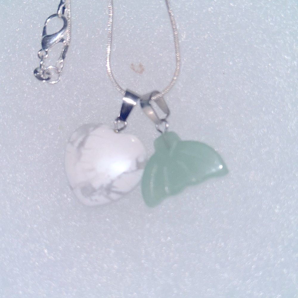 Boho Hippie Howlite love heart and Jade Mermaid tail Silver Necklace 16”